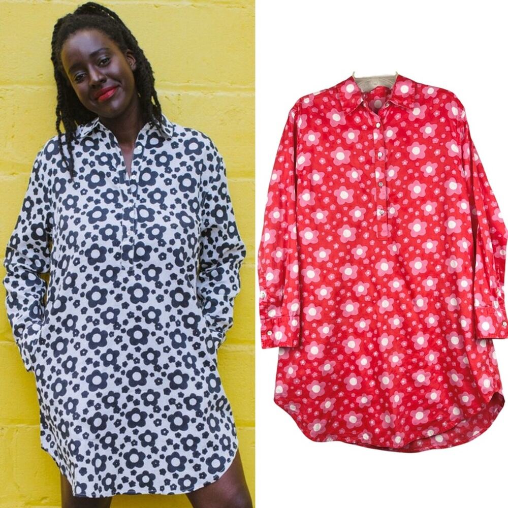 Kate Austin Katherine Shirt Dress In Blossom Block Print Red/Pink Half Button OS